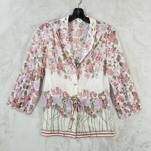 Vtg Blouse Women 14 Floral Semi Sheer Button Tie Waist Cottage Prairie Retro